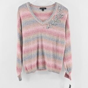 INC International Concepts Embellished Striped V Neck Sweater Size‎ M